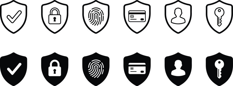 Security Shield Icons Collection with Check Mark, Lock, Fingerprint, Card, User and Key Protection Symbols