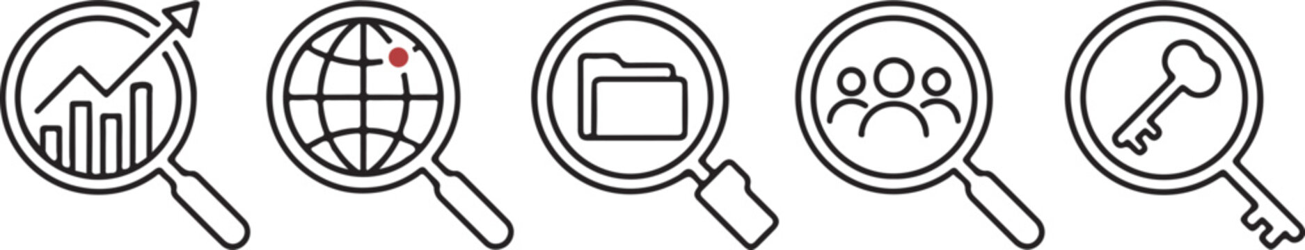 Search Discovery Magnifying Glass Outline Icons Set with Analytics, Globe, Folder, Cloud, Security and AI Symbols