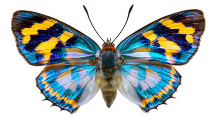Colorful butterfly with blue yellow and black patterns, isolated on transparent background © PNGera
