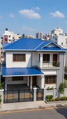 Obraz premium Modern two story residential house featuring a vibrant blue metal roof under clear bright skies