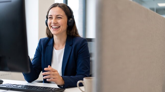 Smiling female customer service agent or support representative with headset talking in office, call center employee, helpdesk worker or consultant working at her computer desk.