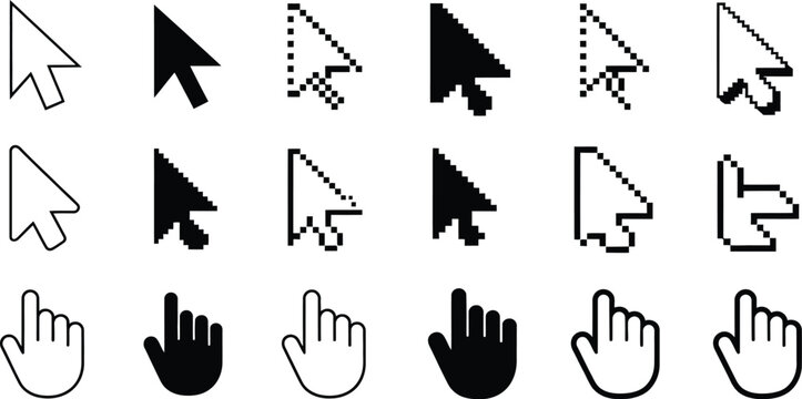 Mouse cursor icon featuring hand pointer, arrow cursor, pixel pointer, click symbols, and user interface controls, vector illustration.