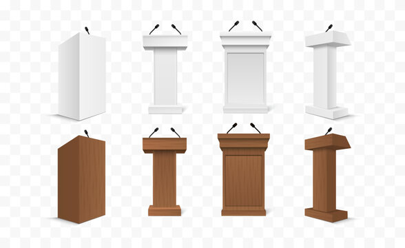 Set Of Wooden And White Debate Podiums With Microphones Isolated On Transparent Background