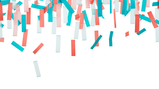 Falling confetti streamers in coral teal and light blue, isolated on transparent background