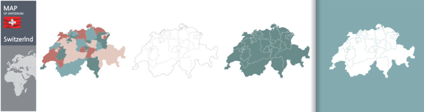 Switzerland vector map set with administrative borders, flag, and globe location
