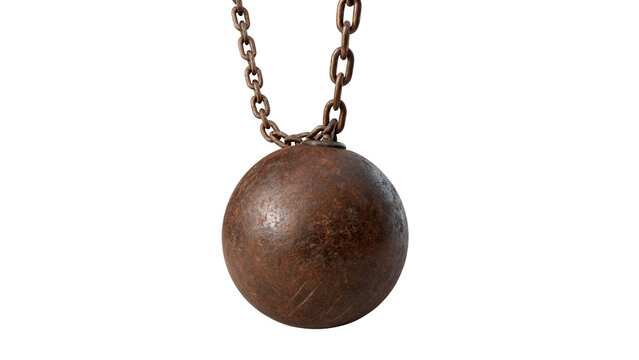 Heavy metallic wrecking ball hanging on chain isolated on transparent background cut out