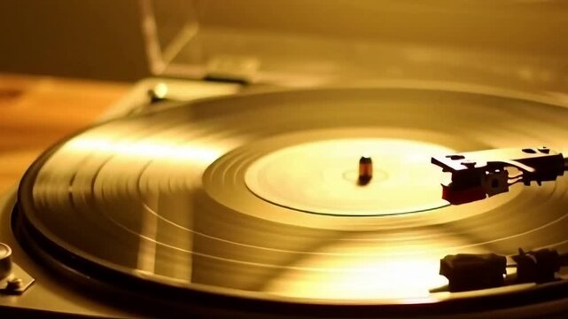 Vinyl record spinning under warm ambient light, retro music background in motion, silent footage. Created with Generative AI.