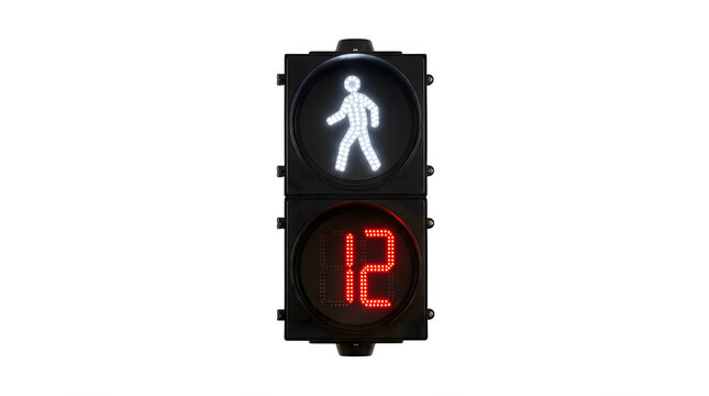 Pedestrian traffic light with white walking man symbol, digital countdown timer showing twelve seconds, urban street crossing signal on transparent background