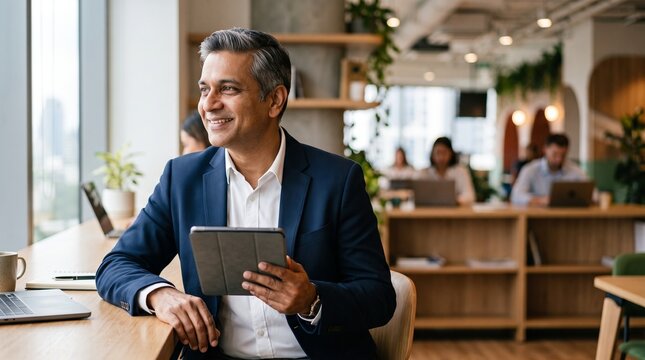 Smiling mature South Asian corporate businessman holding digital tablet at office desk. Successful middle aged male entrepreneur working with laptop in modern open space company office.
