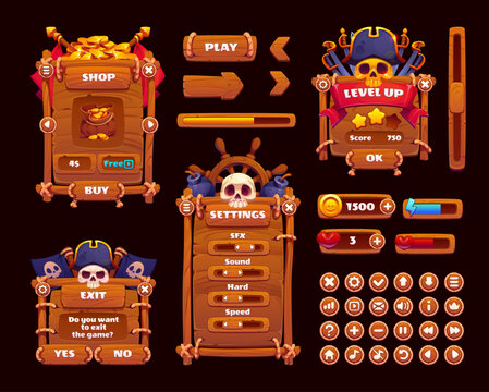 Pirate game UI menu interface panels, window and app buttons. Wooden shop and settings windows, level up badge, skull, captain hat, coins, health and energy bar icons for navigation, gameplay controls