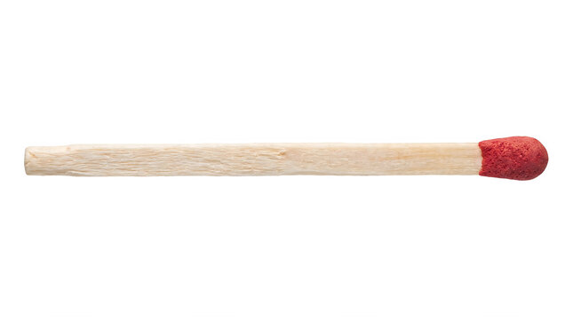 Wooden matchstick with red phosphorus head, single safety match on transparent background, natural wood texture for fire starting concepts