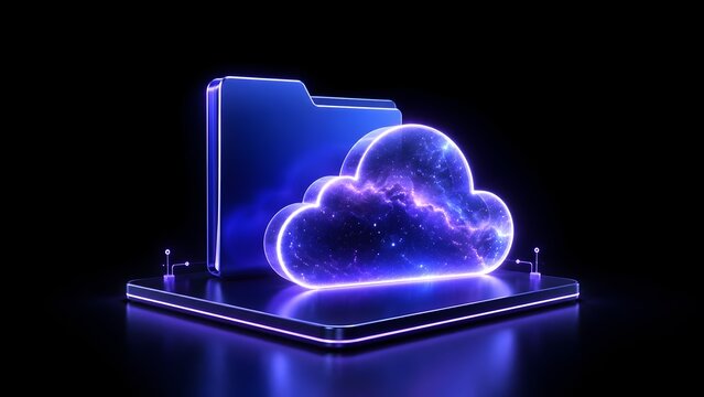 Futuristic cloud computing concept with galaxy patterned 3D cloud and folder resting on a glowing high-tech platform