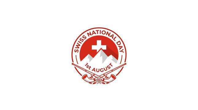 Swiss National Day Celebration Emblem 1st August with Swiss Cross, Mountains and Alphorns