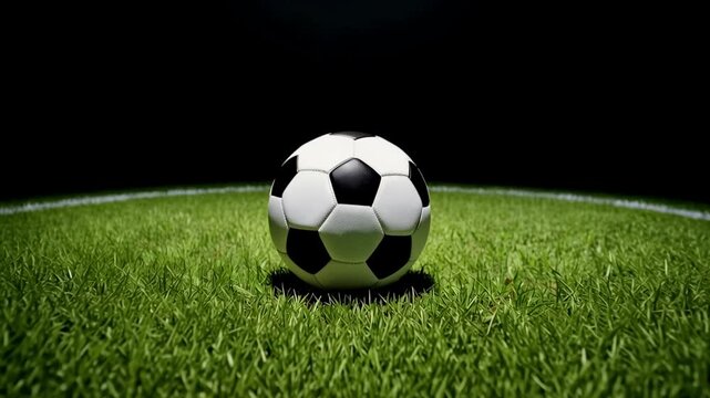 Soccer ball at the center of a stadium field. Zoom in sequence on a ball sitting on green grass. Sports equipment with dramatic lighting for match background.