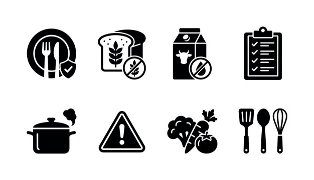 Cooking For Food Allergies And Intolerances. Filled icon set of Cooking For Food Allergies And Intolerances: allergen free meal plate, gluten free bread, lactose free milk, ingredient checklist,