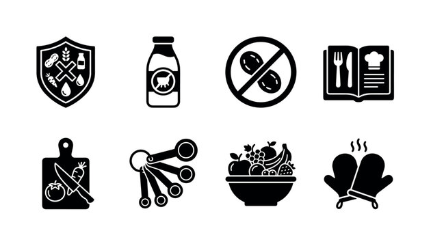 Safe Allergy Friendly Cooking. Filled icon set of Safe Allergy Friendly Cooking: allergen shield, dairy free bottle, nut free symbol, recipe book, cutting board, measuring spoons, fresh fruit bowl,