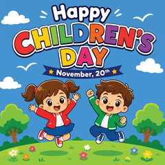 Fototapeta premium Happy Childrens Day Greeting Card Illustration with Happy Boy and Girl Jumping in the Park with Blue Sky and Nature Background