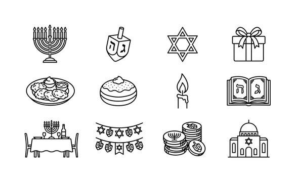 Hanukkah traditions. Line outline icon set of Hanukkah traditions: menorah candle holder, dreidel toy, Star of David, gift box, latke plate, jelly doughnut, candle flame, prayer book, family dinner