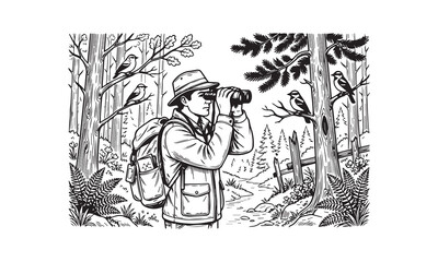 Fototapeta premium Outdoor activities Adventure Line Art Vector Illustration on Rocky Forest Trail