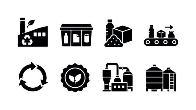 Resource Recovery Systems. Filled icon set of Resource Recovery Systems: recycling plant, sorting bin, recovered materials, conveyor belt, circular arrows, sustainability badge, processing facility,