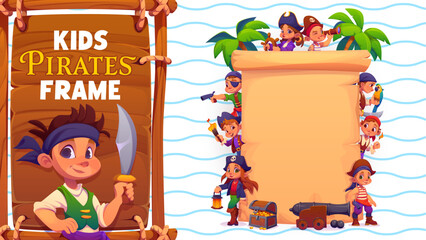 Old paper pirate banner with funny kids corsairs characters. Cartoon blank parchment paper scroll surrounded by crew of cute child pirate characters and palm trees for kids birthday party invitations