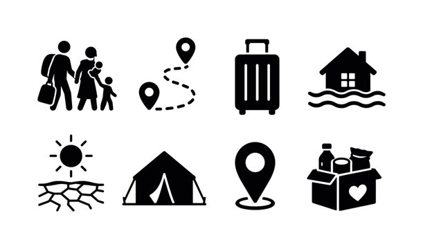 Climate Refugees. Filled icon set of Climate Refugees: displaced family, migration route, suitcase, flooded house, drought sun, temporary shelter, location marker, humanitarian aid box. Solid icons