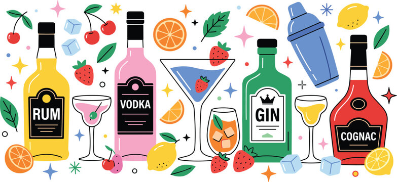 Cocktail alcohol collection, liquor bottle drink ingredients, colorful bar beverage elements, modern vector illustration bundle