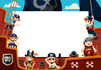 Fototapeta premium Kids pirates characters on wooden ship deck with paper banner. Cartoon kids sailors climbing ropes, steering the wheel and manning cannons. Fun adventure banner for kids birthday party invitations