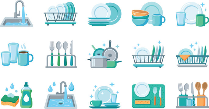 Dishwashing collection, clean kitchen tableware essentials, washing and drying utensils, colorful vector illustration bundle set
