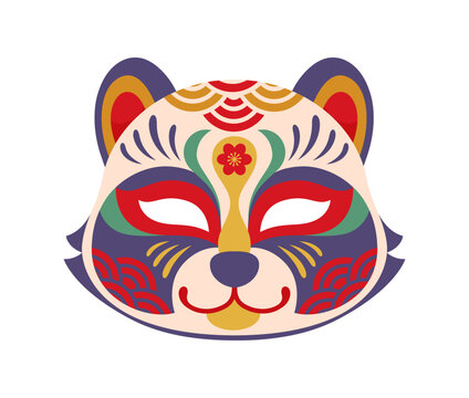 Animal mask, Japanese character or toy decoration with Asian pattern or Oriental ornament. Panda or mouse animal okami mask cartoon icon of Japan culture or festival and traditional mascot or folklore