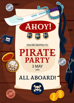 Kids pirate party flyer with old paper scroll and corsairs black flag. Cartoon Caribbean carnival or pirate party poster with corsair sword, treasure coins and compass for kids birthday celebrations