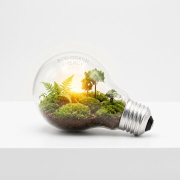 Lightbulb containing a miniature forest ecosystem represents sustainable energy and environmental conservation.