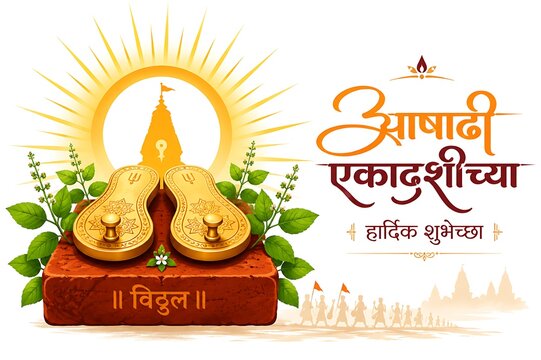 Ashadi Ekadashi Devotional Illustration Featuring Lord Vitthal Vithoba Vithuraya Vithu Mauli Pandurang Hari with Chandrabhaga River and Pilgrims