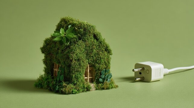 Green moss house with leaves and plug on green background.