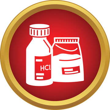 Chemical bottle labeled hcl and a powder packet inside a red circle