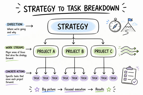 A diagram illustrates a strategy to task breakdown, showing how a main strategy leads to projects and then to concrete actions.