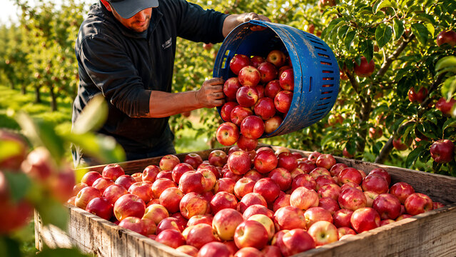 Agricultural worker emptying bucket of ripe red apples into harvest bin