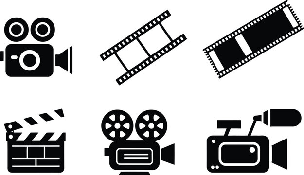 Set of isolated movie or filmmaking equipment and film strip icons vector.