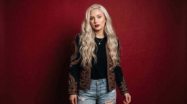 Portrait of a stylish young woman with long wavy blonde hair and leopard print jacket standing against dark red wall