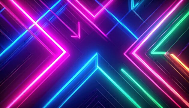 Neon geometric lines form an abstract, glowing, multi-colored pattern on a dark background