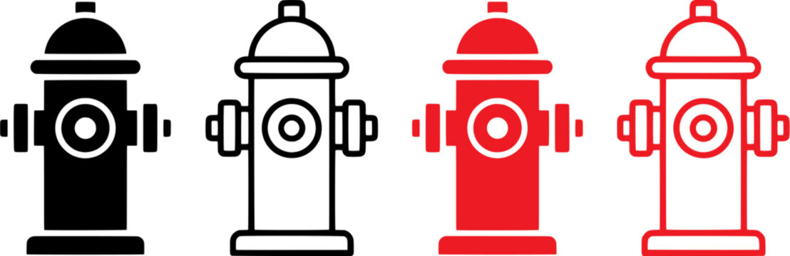 Fire hydrant icon set in solid and outline styles. Red and black emergency equipment symbols for safety design. Editable vector illustration on white background.