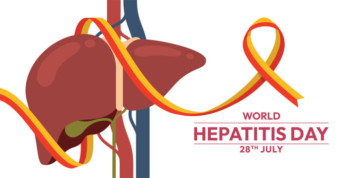 World Hepatitis Day - Red yellow ribbon rolling around liver vector design