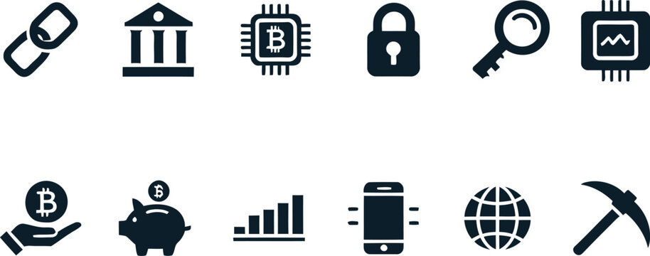 Blockchain technology and digital finance cryptocurrency icon collection.