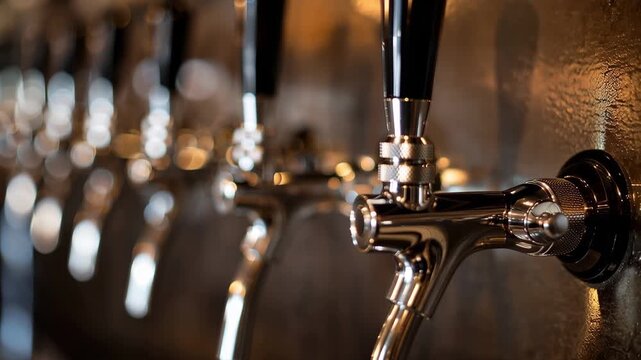 Row of metal beer taps in a pub. Shiny chrome faucets for pouring craft ale. Professional brewing equipment background for bar beverage service and hospitality.