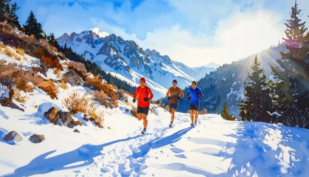 Three runners sprint uphill on a snow-covered mountain trail under a bright, sunny sky