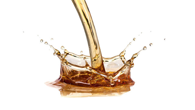 Golden liquid pouring into a pool creating a circular crown splash with tiny droplets flying outwards, isolated on a solid black background