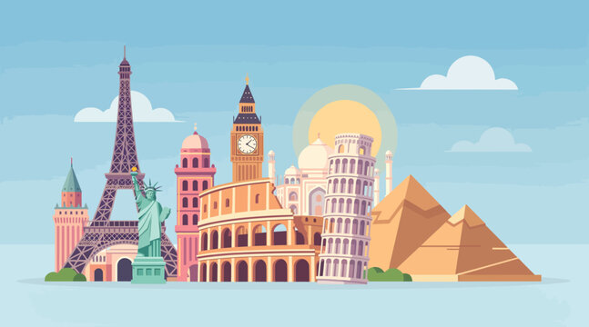 Famous Landmarks Collage: Eiffel Tower, Big Ben, Colosseum, Pyramids, NYC Statue