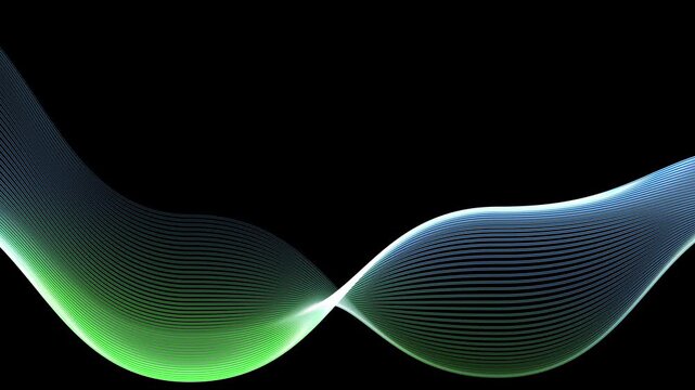 Looping animation of glowing blue and green gradient wavy lines expanding and moving randomly like multi layered fluid strands on a black background for VJ loop