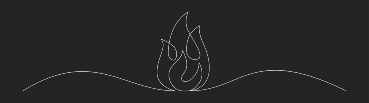 Continuous line art of a minimalist fire flame with a single curved line on a dark background