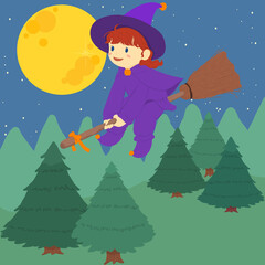 Flying witch with broomstick over a magical night forest illustration